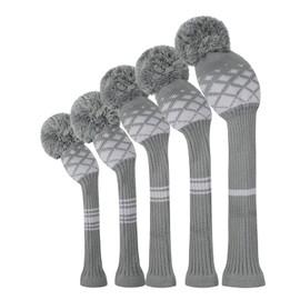 Grey Reticulated Golf Head Covers for Woods 5 PCS Knit Golf Club Cover Driver Cover*1 Fairway Wood*2 Hybrid (UT)*2 Old-school Style, Big Pom-poms, Best Gift for Golfers