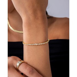 PAVOI 14K Yellow Gold Plated Graduated Simulated Diamonds Bezel Set Tennis Bracelets for Women - Cubic Zirconia Stones Round Statement Bride Gold Bracelet Stack - Size 7.5"