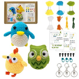 Ruikdly 3 Crochet Set for Beginners Animals Crochet Set Animals Crochet with Crochet Hooks Yarn and Video Crochet Set Beginners with 3 Lobster Hooks for Adults Children Gift (Penguin, Chick, Owl)