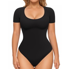 MANGOPOP Shapewear Bodysuits for Women Tummy Control Scoop Neck Short Sleeve Seamless Sculpting Thong Compression body shaper Tops(Black,Large)