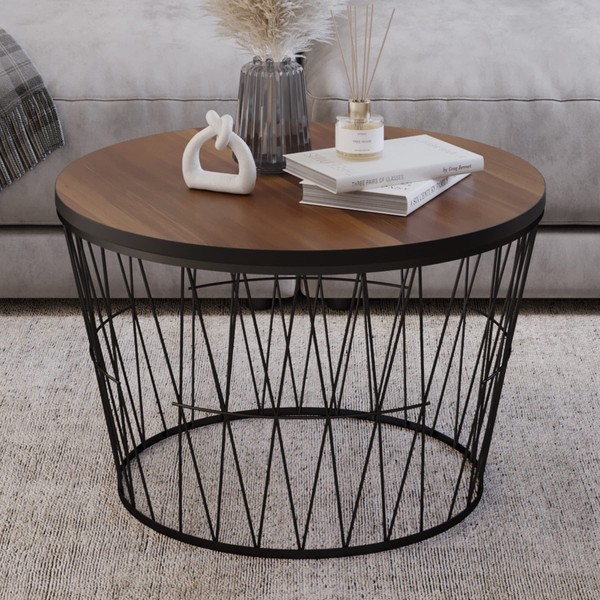 Lavish Home Coffee Table with Geometric Base, Walnut