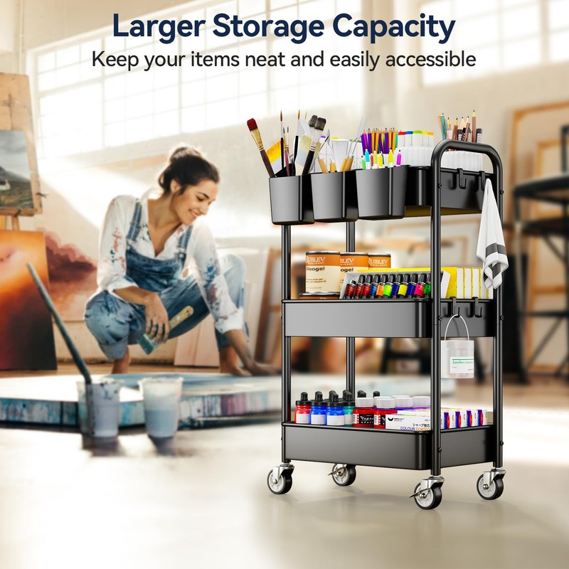 YASONIC 3 Tier Rolling Cart - Metal Utility Cart with