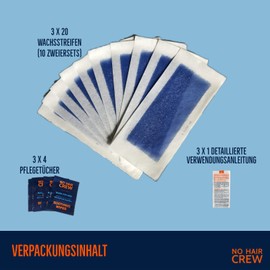 3 x NO HAIR CREW Cold Wax Strips for Body - Wax Strips for Hair Removal for Men (Set 3 x 20 Wax Strips & 4 Wipes)