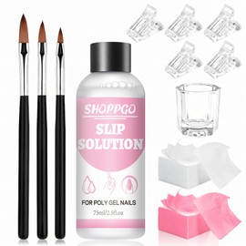 SHOPPGO Slip Solution for Polygel Nails, Polygel Slip Solution, Poly Gel Nail Kit Contains 75ml slip solution, 5 Nail Tip Clips, 3 Brushes, 1 Crystal Cup, 100 Cleaning Papers