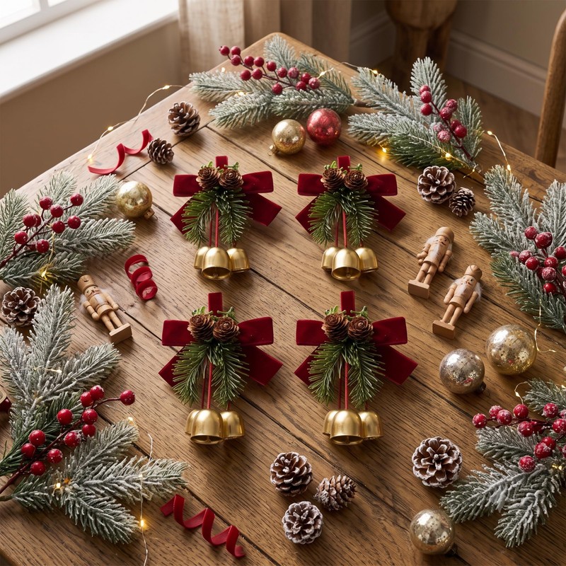 4 Pack Christmas Bow Ornaments with Jingle Bells, Pine Cone