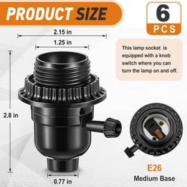 Saysurey 6 Pack UL Listed E26 Light Socket Lamp Socket Replacement with ON Off Switch Threaded Medium Base Lamp Parts with Shade Ring for Table Floor Light Bulb Fixture Repair Kit, Black