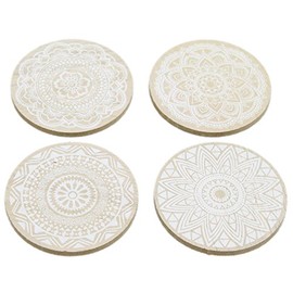 Carousel Home and Gifts Set of 4 Geometric Mandala Flower Style Boho Wooden Drinks Coasters