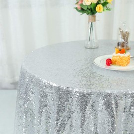 YZEO Silver Round Sequin Tablecloth - 50inch Sequin Table Linen for Wedding Birthday Party