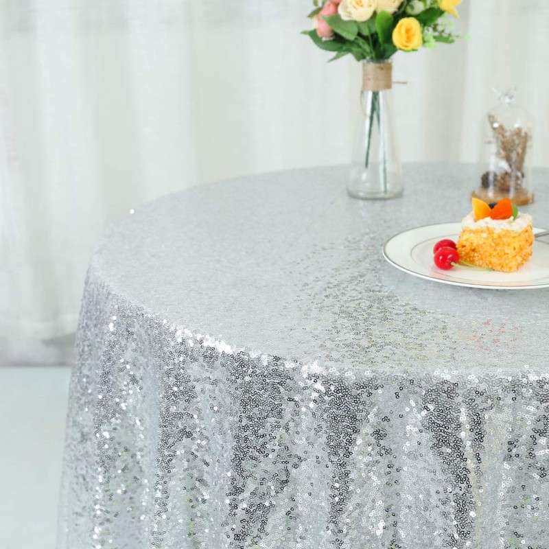 YZEO Silver Round Sequin Tablecloth - 50inch Sequin Table Linen