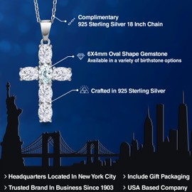 Gem Stone King 925 Sterling Silver White Moissanite and Sky Blue Aquamarine Cross Pendant Necklace for Women | 3.00 Cttw | Gemstone Birthstone | Oval 6X4MM | With 18 Inch Chain
