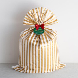 HEADS AM-GDS-JB1 Christmas Wrapping Set, 29.5 x 45.3 inches (75 x 115 cm), Gold Stripe, 1 Piece, Flat Bag, Large Size, Wire Tie Included, Gift Tag Included