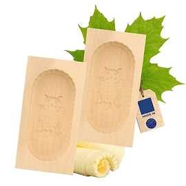 2 x Hofmeister® butter mould for 250 g butter, 19 cm, owl, hand-carved in Germany, butter shape for decorating, square camber shape, butter model made of local maple wood