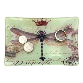 Value Arts Plato para joyas, diseño de libélula con corona y matasellos, bandeja rectangular de cristal, 13.75 cm de ancho
