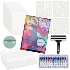 Reusable Gel Printing Plate Kit, Complete Printmaking Set with 5" X 7" Gel Plate, Rubber Roller, Acrylic Paint, Paper, Baren, Stencils and Storage Box, Easy Clean Plate, Creative Art DIY Printmaking
