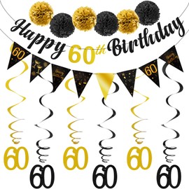 TOBATOBA 60th Birthday Decorations Kit for Men Women, Black Gold Happy 60th Birthday Banner, Triangle Flag Banner 60th Birthday Party Decorations, Swirl Streamers Paper Pompoms Party Supplies