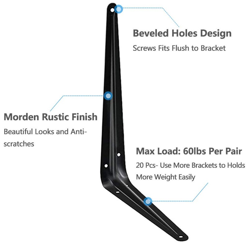 20 Pack Shelf Brackets 12 inches, Heavy Duty Black Iron
