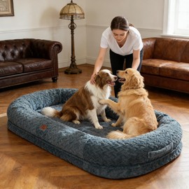 Human Dog Bed for Adult - Luxury Faux Fur Giant Size Dog Bed with Portable Handle, Egg Orthopedic Foam Bed with Blanket, 72"x40"x10", Grayish Blue