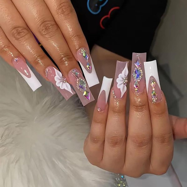 CEWEWP Long Press on Nails Square French Tip Fake Nails