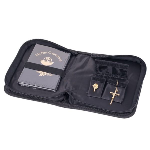 Roman My First Communion Prayer Book Lapel Pin and Rosary in Black Faux Leather Folder Set for Boys