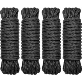 PACTHSD 4 Pack 1/2" x 25' Dock Lines - Marine Grade Nylon Boat Rope with 12" Loop for Docking and Mooring - Double Braided Boat Lines, High Strength, Easy Handling, Fray Resistant - Black
