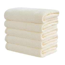 SONEIHOMIE Face Towels, Set of 5, 13.8 x 29.5 inches (35 x 75 cm), Fluffy, Less Feathers, Microfiber, Instant Absorption, Textured Towel, Absorbent and Quick Drying, Beige