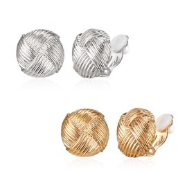 BriLove Matte Gold Silver 2 Pairs Clip-on Earrings Set Fashion Striped Buttons Retro Drop Clip for Women Mom Gift Lightweight