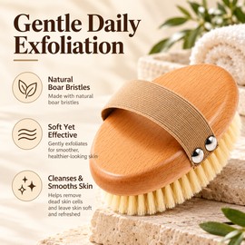 Natural Boar Bristle Body Brush – Wooden Bamboo Dry & Wet Exfoliating Bath Brush for Shower, Body Cleansing & Massage