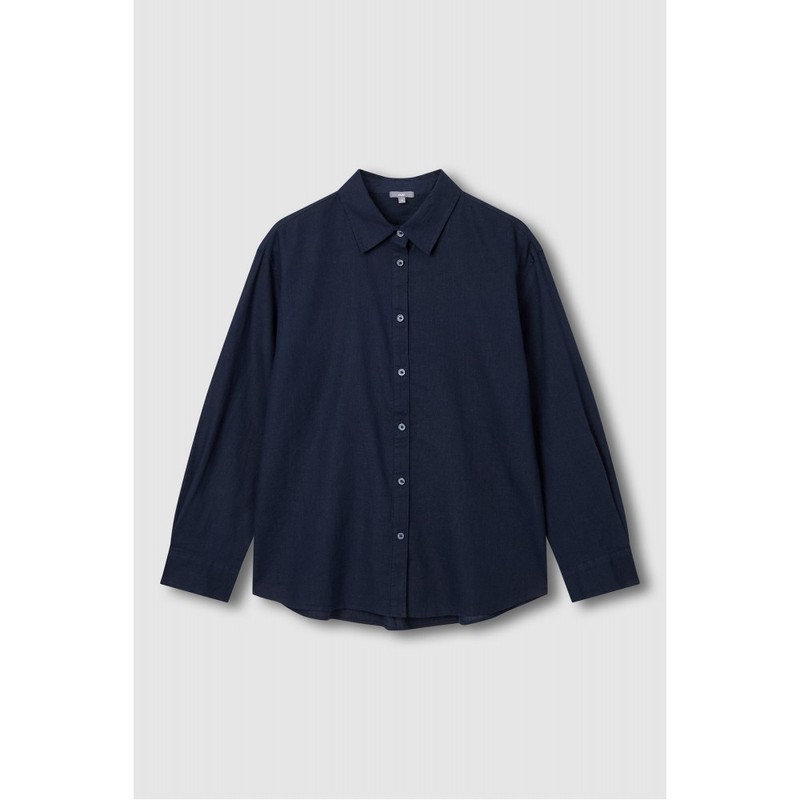 JAJU [JAJU] Soft Linen Blend Long Sleeve Shirt_Navy