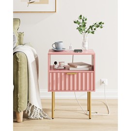 Aienvey Night Stand with Charging Station, Fluted Bedside Table with Gold Frame, Side Table with Drawer and Shelf for Bedroom, Living Room, Pink