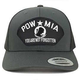 Armycrew Flexfit Oversize XXL POW MIA Not Forgotten Large Patch Retro Trucker Mesh Cap - Charcoal - 2XL