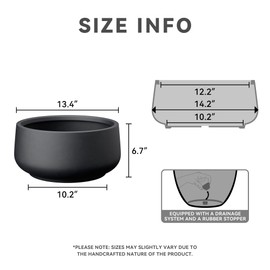 Kante 13.4" Dia Round Curvy Concrete Planter, Large Plant Pots with Drainage Hole and Rubber Plug for Indoor Outdoor Plants, Flower Pot for Home Garden Patio Porch, Black