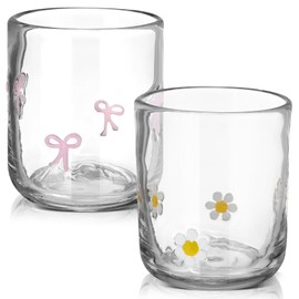 Skylety 2 Pack Icon Glass Cups Pink Bow Coquette and Daisy Flower Cups 14 Ounce Aesthetic Double Vintage Glasses for Woman Friend Party Scotch Liquor Cocktail Juice Water Drinks Wine Party Favors