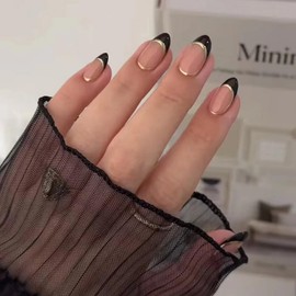 24Pcs Black French Tip Press on Nails Short Almond Fake Nails Nude False Nails with Silver Line Design Stick on Nails Reusable Artificial Acrylic Glue on Nail for Women Nail Art Decoration