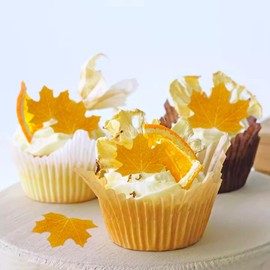 68pcs Maple Leaf cupcake top plug-in, edible wafer paper yellow leaves dress up forest series theme wedding baby birthday party dress up supplies (Maple Yellow 68pcs)