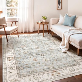WITSHOCK 5x7 Washable Area Rug, Vintage Rug Traditional Floor Cover, Boho Rug for Living Room Bedroom Kitchen Accent Rug, Non-Slip Stain Low Pile Resistant Floor Carpet, Light Blue