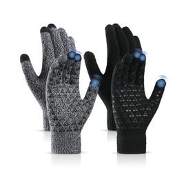 2Pairs Winter Thermal Gloves Men Women Touch Screen Knitted Warm Anti Slip Gloves with Soft Lining for Driving Running Cycling Ski Outdoor (Black + Grey)