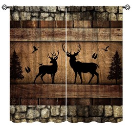 JanJCurt - Cortinas de ciervos negros, cabaña rústica, pared de ladrillo de piedra clásico, granero de madera con diseño de patas de animales salvajes y árboles de pino, cortinas de ventana para
