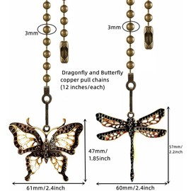 QLXHBOT Ceiling Fan Pull Chain Ornaments Extension,12 Inch Lighting And Fan Beaded Ball Fan Pull Chain Extender with Connector, Dragonfly and Butterfly Ceiling Fan Pull Chain Set-2Pcs