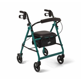Medline Aluminum Rollator Walker with Seat, Folding Mobility Rolling Walker has 6 inch Wheels, Green