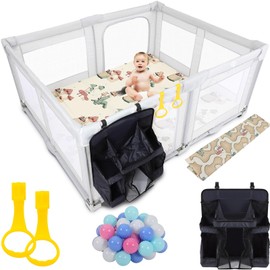 Foldable Baby Playpen, Extra Large Playard, 59inx59in Fence, Installation-Free Baby Safe Play Yard with Climbing Mat, Ocean Ball, Hoop, Storage Bag