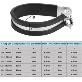 52pcs P Clips Hose Clamp Cable Clamps Assortment Kit,6 Sizes 1/4" 5/16" 3/8" 1/2" 5/8" 3/4" Rubber Lined Pipe Clamps,304 Stainless Steel-To Bundle Clamp Protect Wires Pipes Cables