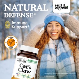 Wild & Organic Cat's Claw Herbal Supplement 1000 mg - Immune Support - Pure Cat's Claw Capsules - Uncaria Tomentosa Bark - Vegan, No Fillers, Non-GMO - 60 Count