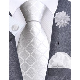 GUSLESON Mens White Tie for Wedding Solid Silk Plaid Checkered Necktie Pocket Square Cufflinks and Lapel Pin Brooch Set (6104-19)