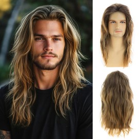 Dsimeig Mens Long Wavy Brown Wig Natural Layered Synthetic Halloween Cosplay Hair Wig