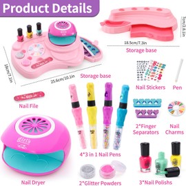 B Bascolor Kids Nail Polish Set for Girls Toy, 4 Nail Draw Pen/Nail Dryer/3 Nail Polish/2 Storage Base/Sticker/Powder Decor, Birthday Gift for Girls 4 5 6 7 8 9 10 11 12 13 Year Old Salon Art Nail Kit