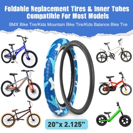 1 Pack 20 x 2.125 Bike tire BMX Bike tire with Tube Kids Blue 20" Bike Tires Folding Tires Fits BMX Kids Bikes,Camo Style Blue Mix -1 Tire 1 Tube 2 Levers