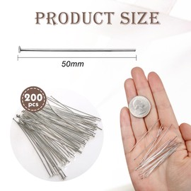 TOAOB 200pcs Head Pins 2 Inch Silver 22 Gauge Brass Wire Flat Head Pins Jewelry Findings for DIY Crafts Necklaces Bracelets Earrings Making