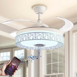 Modern 42" Modern Ceiling Fan with Light and Remote, Smart Bluetooth Fandelier with Speaker, 7 Color RGB Lights, White Nest Retractable Chandelier Lighting for Living Bedroom
