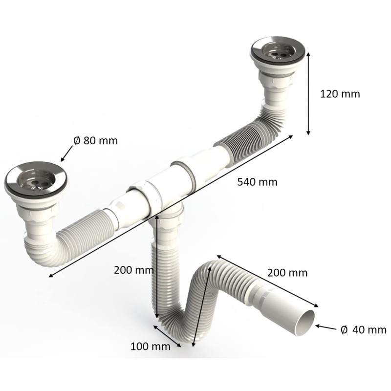 UZMAN Double Siphon, with Flexible Hose, Double Connection, Sink, Kitchen
