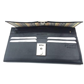 Travel Document Wallet - Soft Leather - Lockable (Black - stripe lining), 22x14.5x2cm